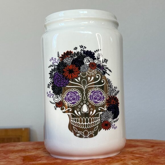 Ivory Gold Sugar Skeleton Vase Canister With Multi-Color Floral - Picture 11 of 11